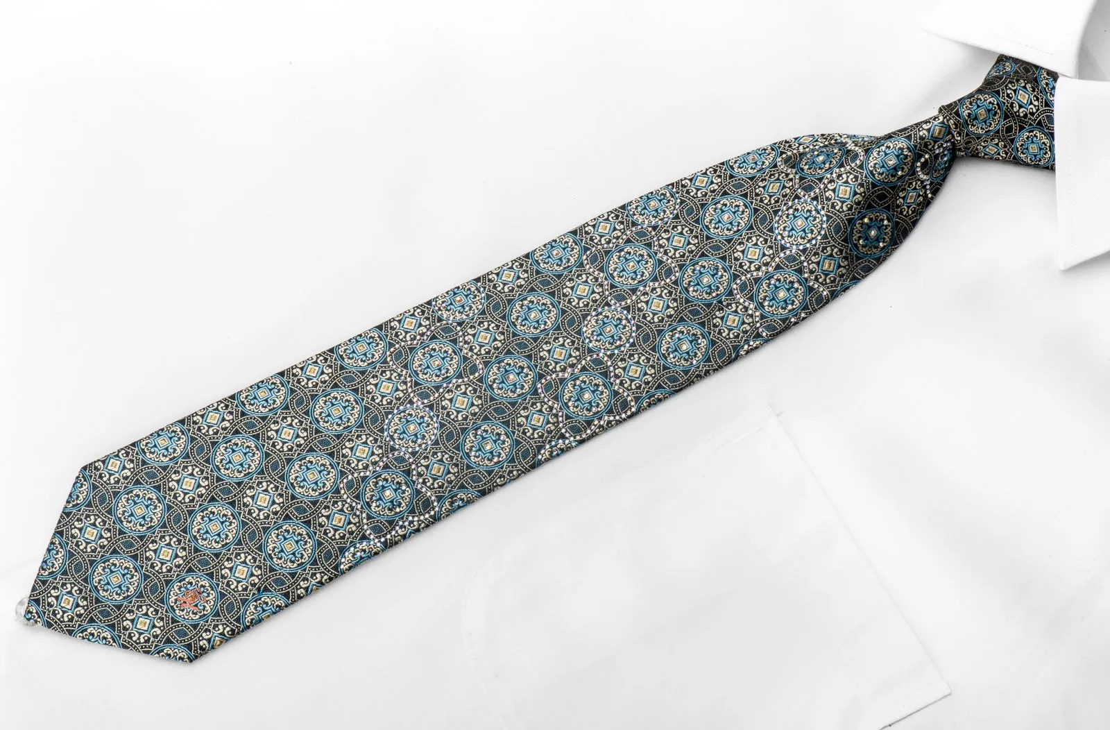 Ungaro Men's Crystal Rhinestone Silk Necktie Silver Blue Medallions On Navy With Gold Sparkles
