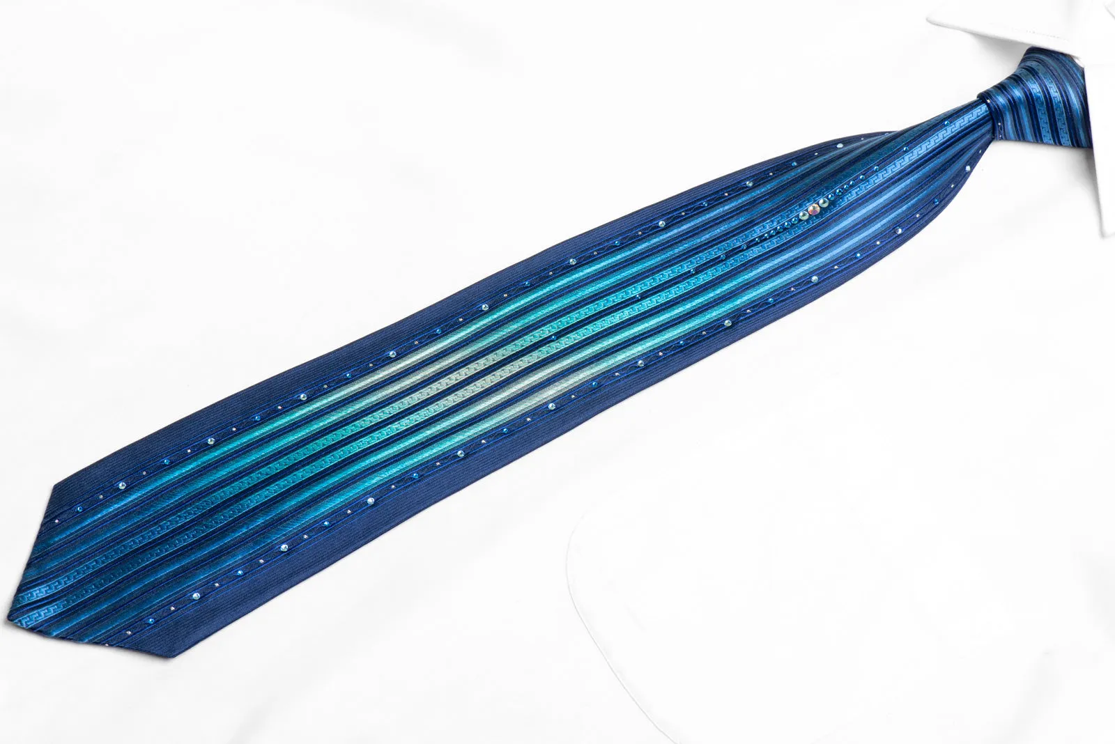 Vertical Striped On Blue Rhinestone Tie With Silver Sparkles
