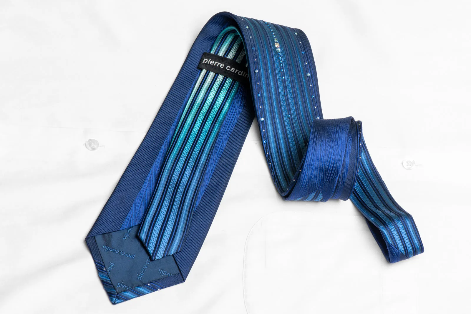 Vertical Striped On Blue Rhinestone Tie With Silver Sparkles