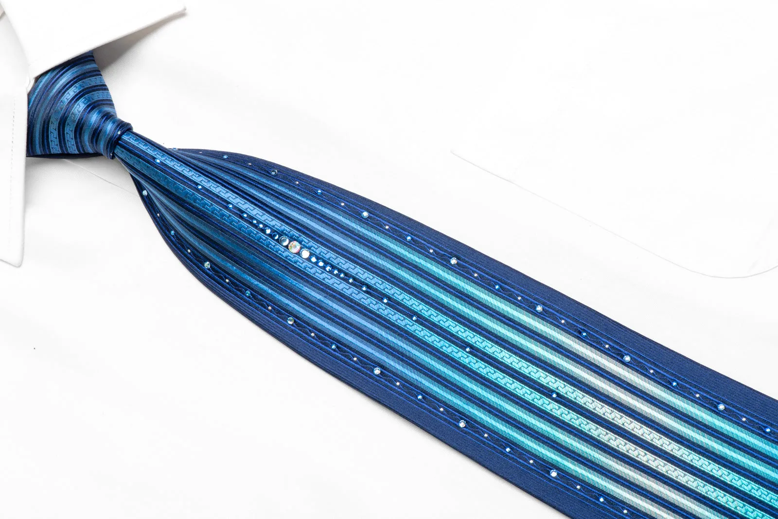 Vertical Striped On Blue Rhinestone Tie With Silver Sparkles