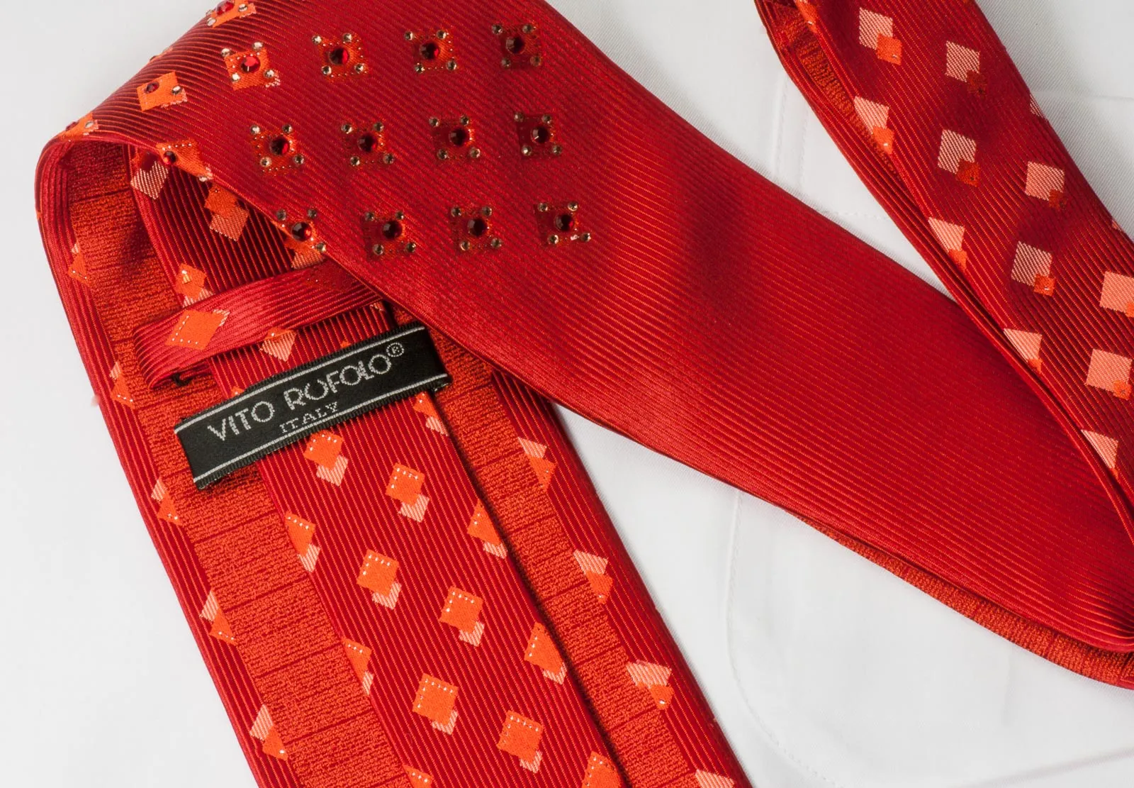 Vito Rufolo Mens Rhinestone Silk Necktie Geometric Design On Copper Red