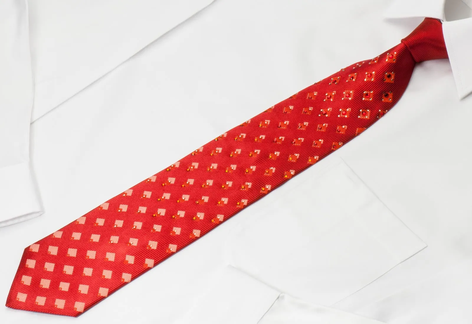 Vito Rufolo Mens Rhinestone Silk Necktie Geometric Design On Copper Red
