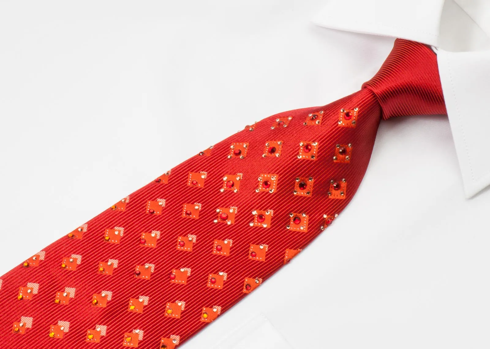 Vito Rufolo Mens Rhinestone Silk Necktie Geometric Design On Copper Red