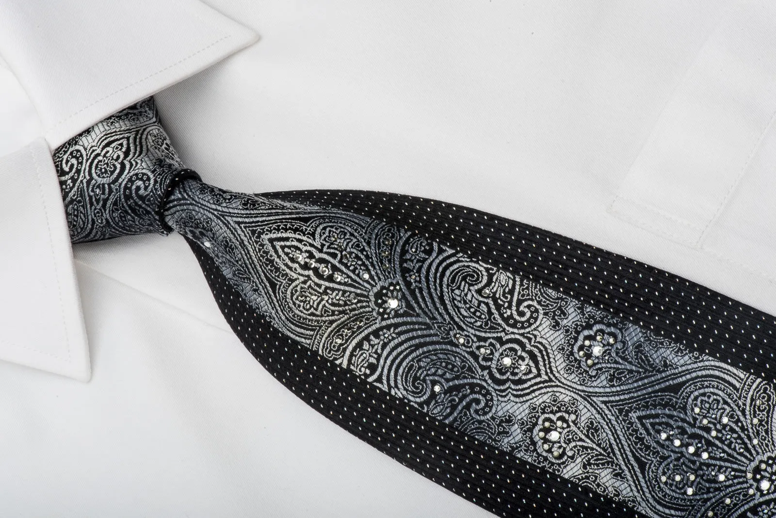 Vito Rufolo Rhinestone Silk Necktie Silver Damask On Black With Sparkles