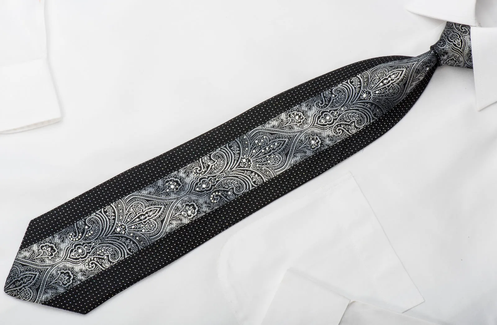 Vito Rufolo Rhinestone Silk Necktie Silver Damask On Black With Sparkles