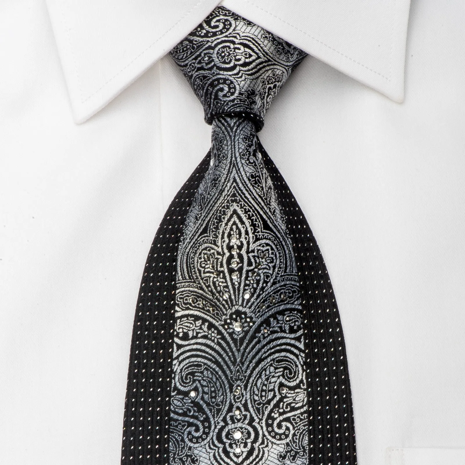 Vito Rufolo Rhinestone Silk Necktie Silver Damask On Black With Sparkles