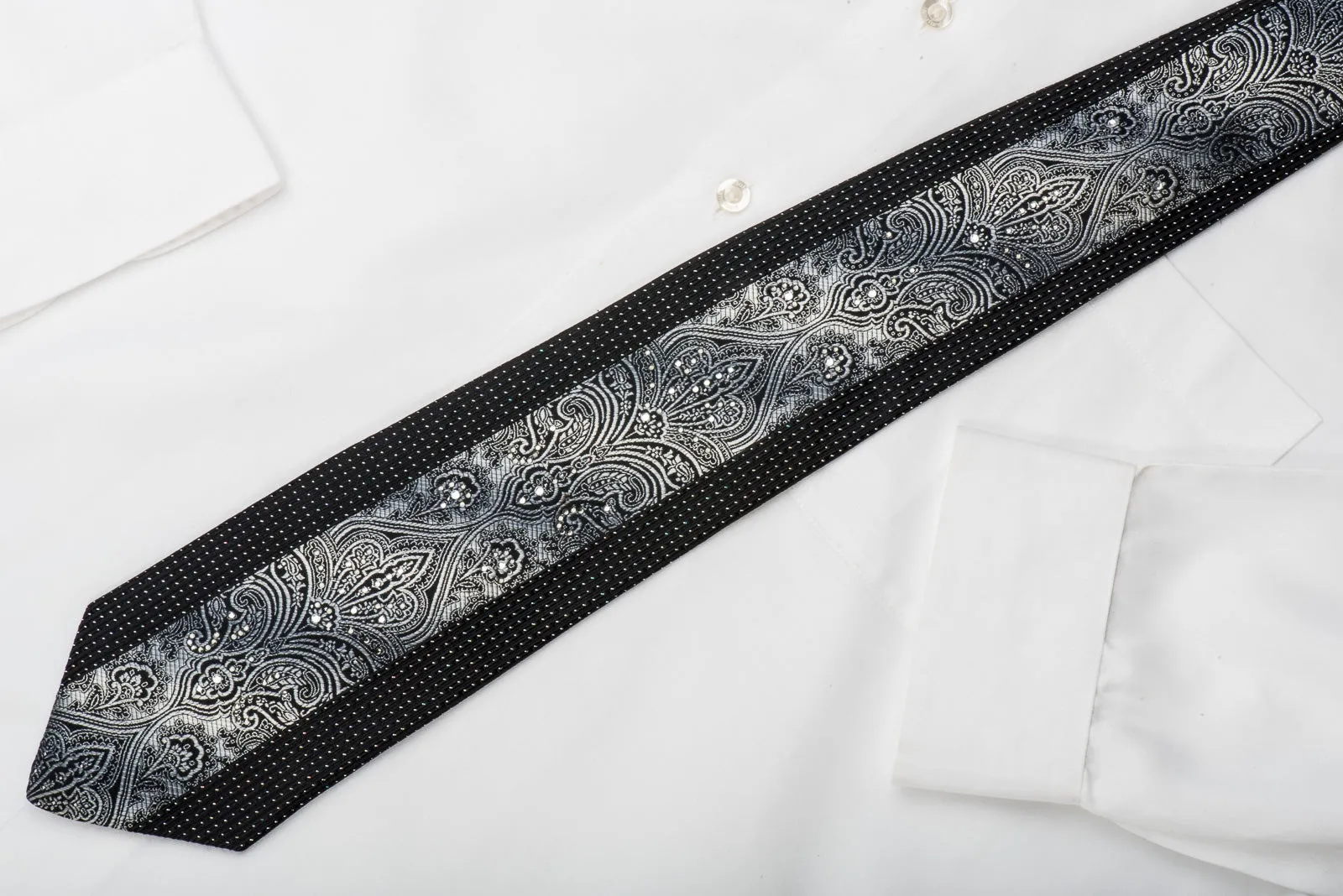 Vito Rufolo Rhinestone Silk Necktie Silver Damask On Black With Sparkles