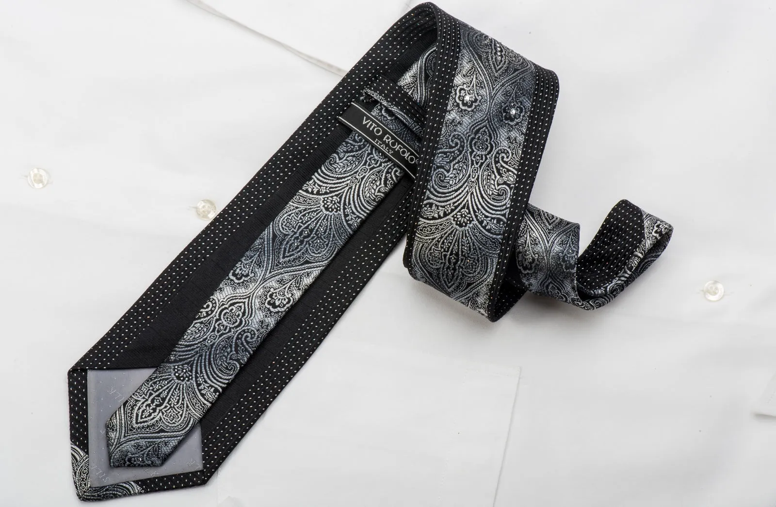 Vito Rufolo Rhinestone Silk Necktie Silver Damask On Black With Sparkles