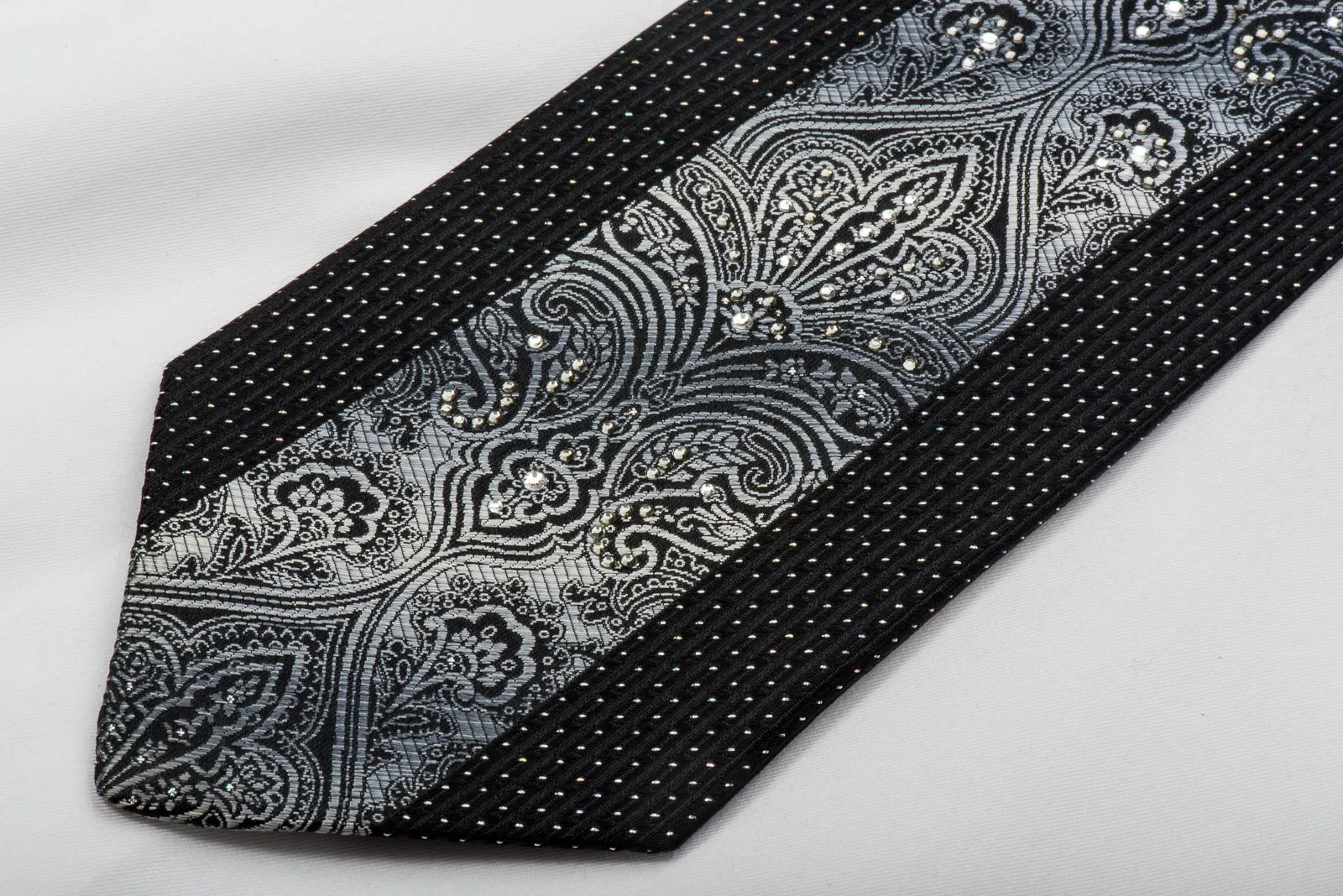 Vito Rufolo Rhinestone Silk Necktie Silver Damask On Black With Sparkles