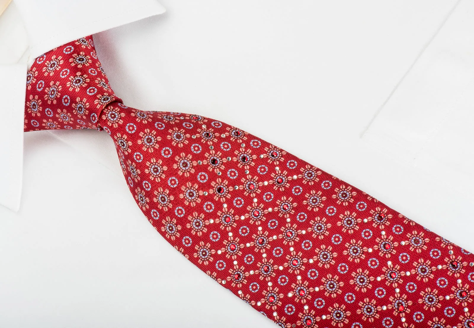 Vito Rufolo Rhinestone Silk Tie Foulard On Red With Silver Sparkles