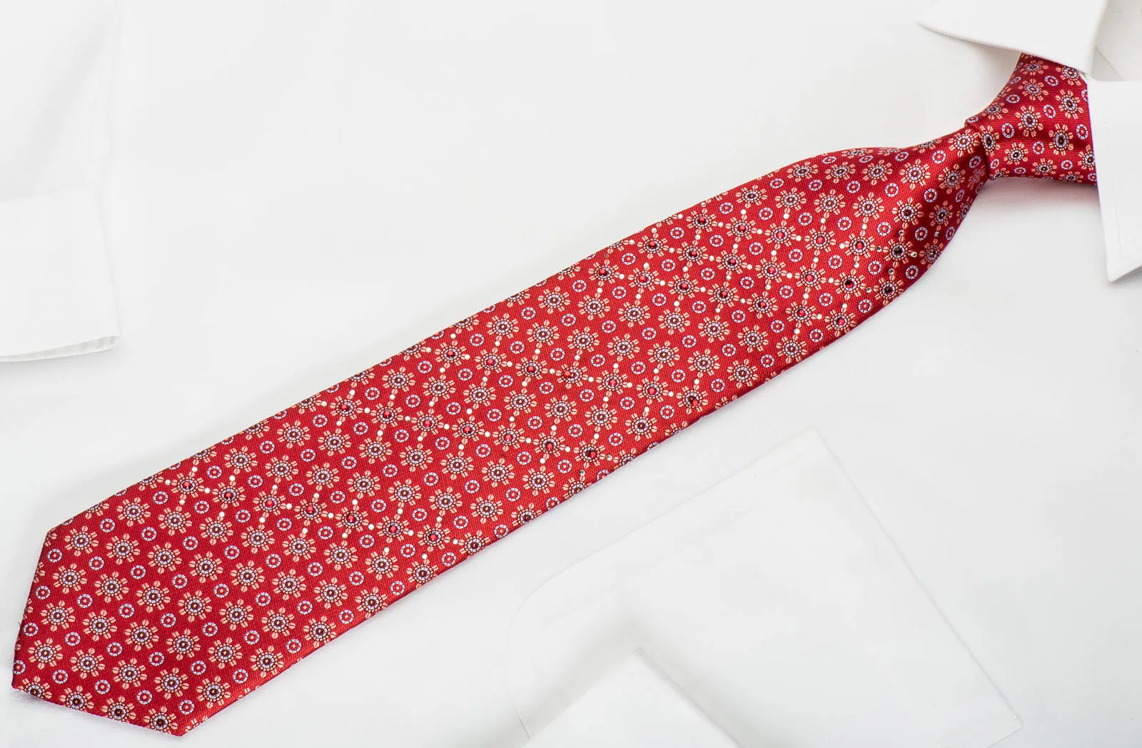Vito Rufolo Rhinestone Silk Tie Foulard On Red With Silver Sparkles