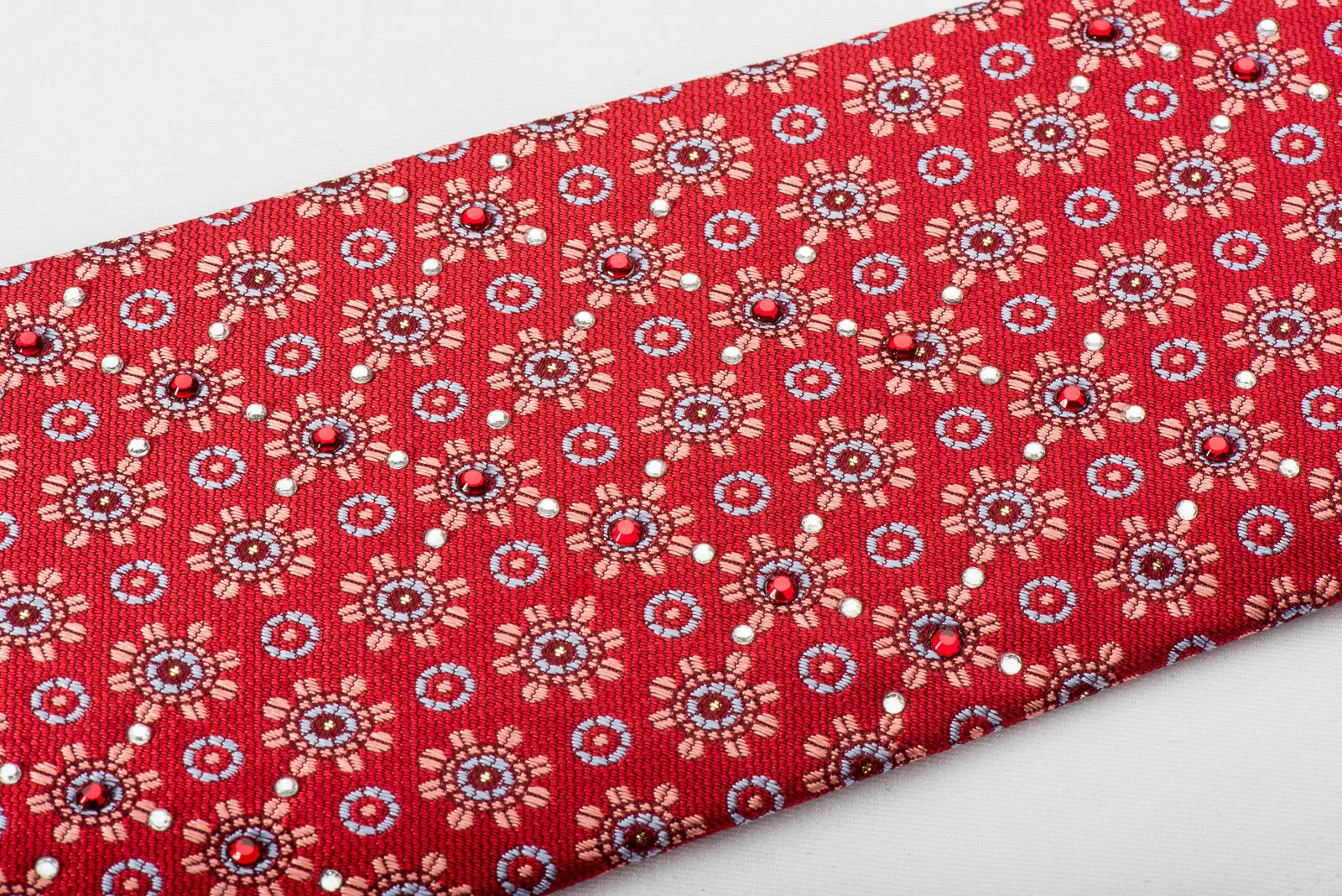 Vito Rufolo Rhinestone Silk Tie Foulard On Red With Silver Sparkles