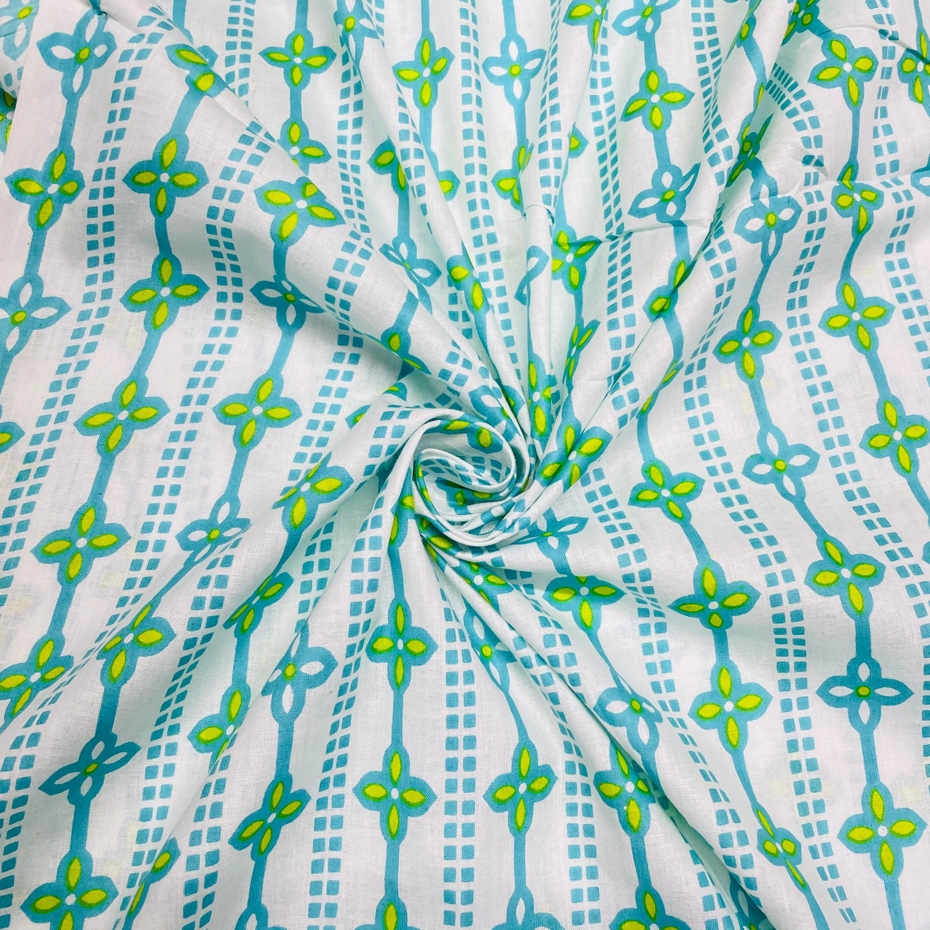 White & Green Geometrical Print Cotton Fabric