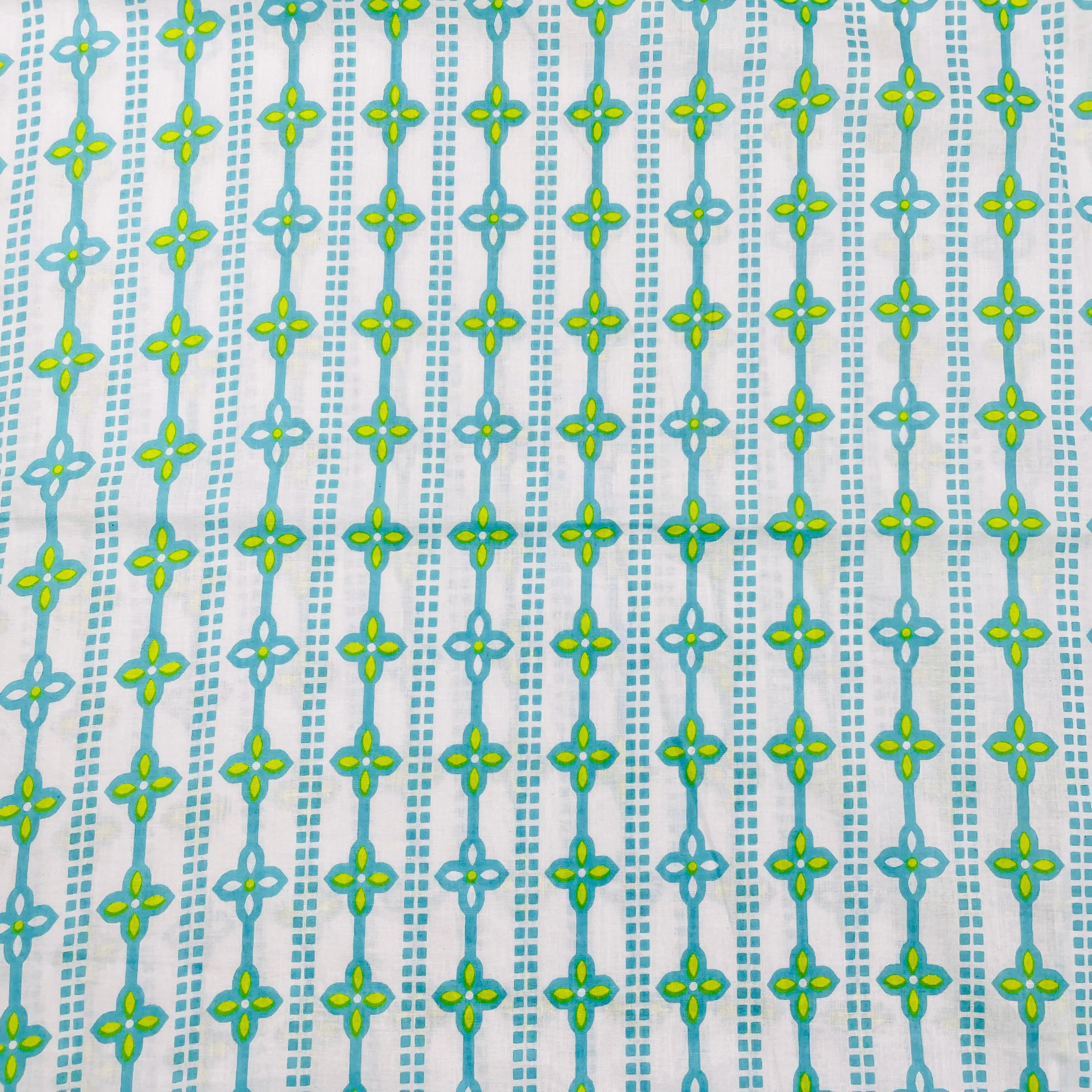 White & Green Geometrical Print Cotton Fabric