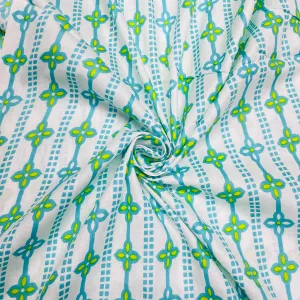 White & Green Geometrical Print Cotton Fabric