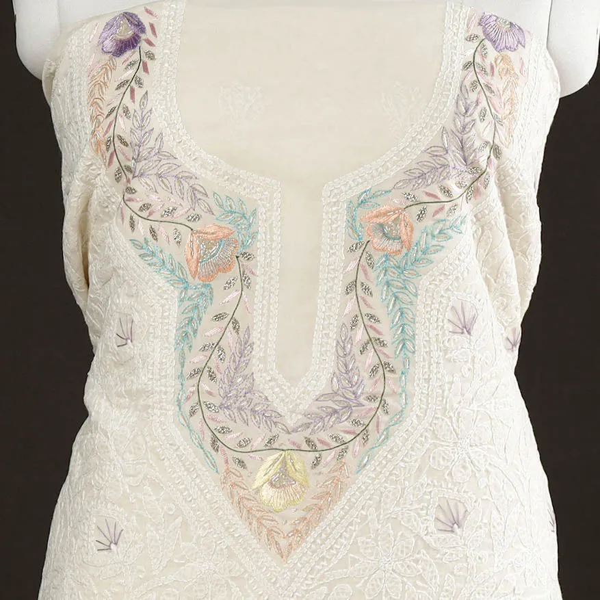 White - Lucknow Chikankari with Parsi Style Embroidered Cotton Kurta Material - 2.9 Meter