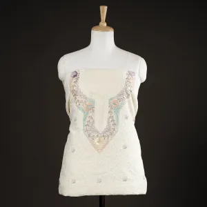 White - Lucknow Chikankari with Parsi Style Embroidered Cotton Kurta Material - 2.9 Meter