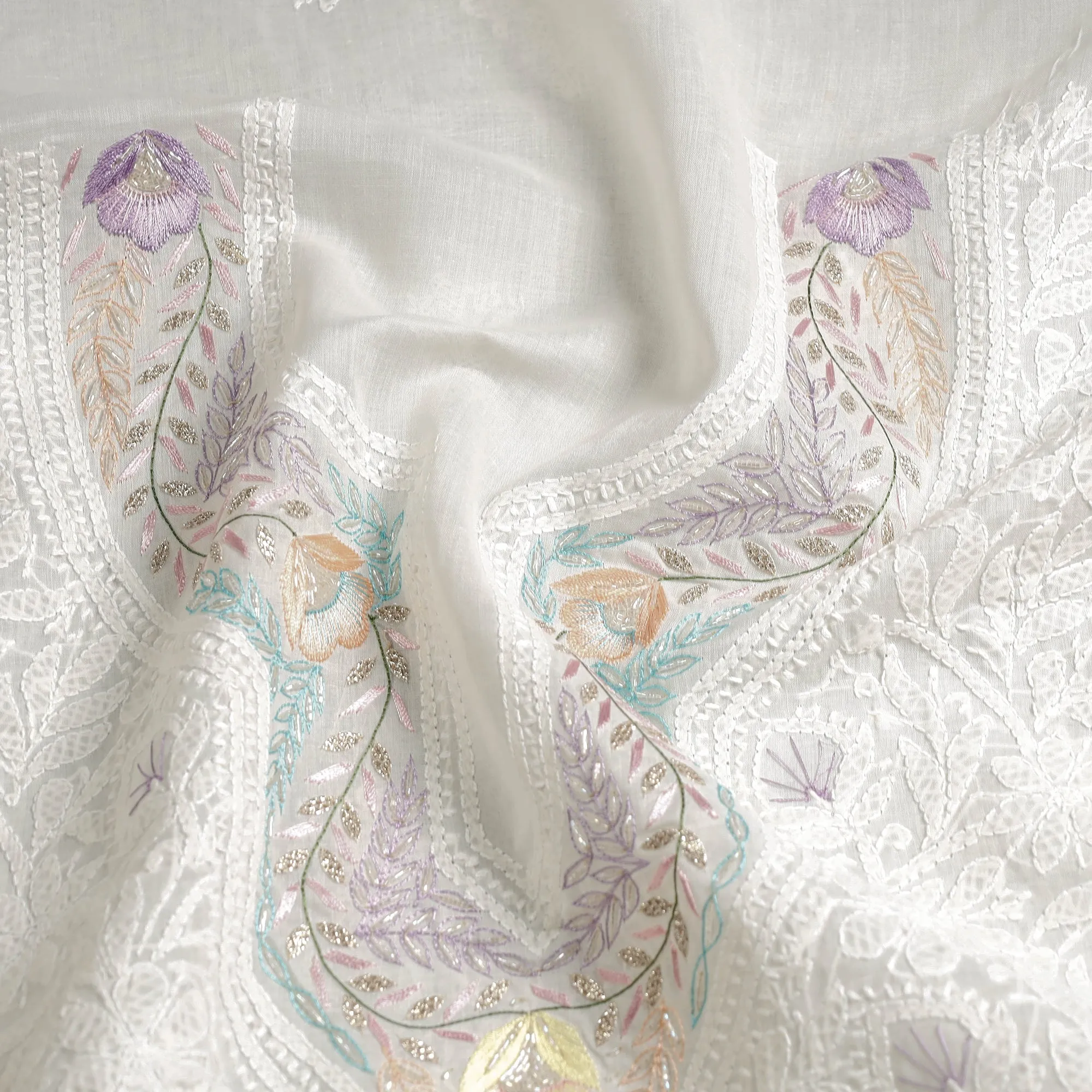 White - Lucknow Chikankari with Parsi Style Embroidered Cotton Kurta Material - 2.9 Meter