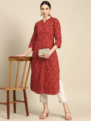 Women Red Straight Kurta With Three Quarter Sleeves