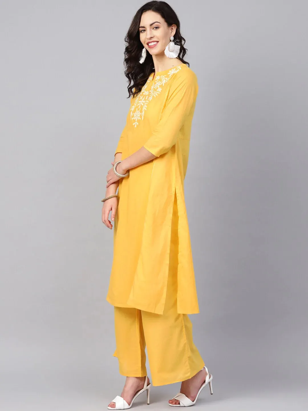 Women'S Yellow Yoke Design Kurta With Palazzos