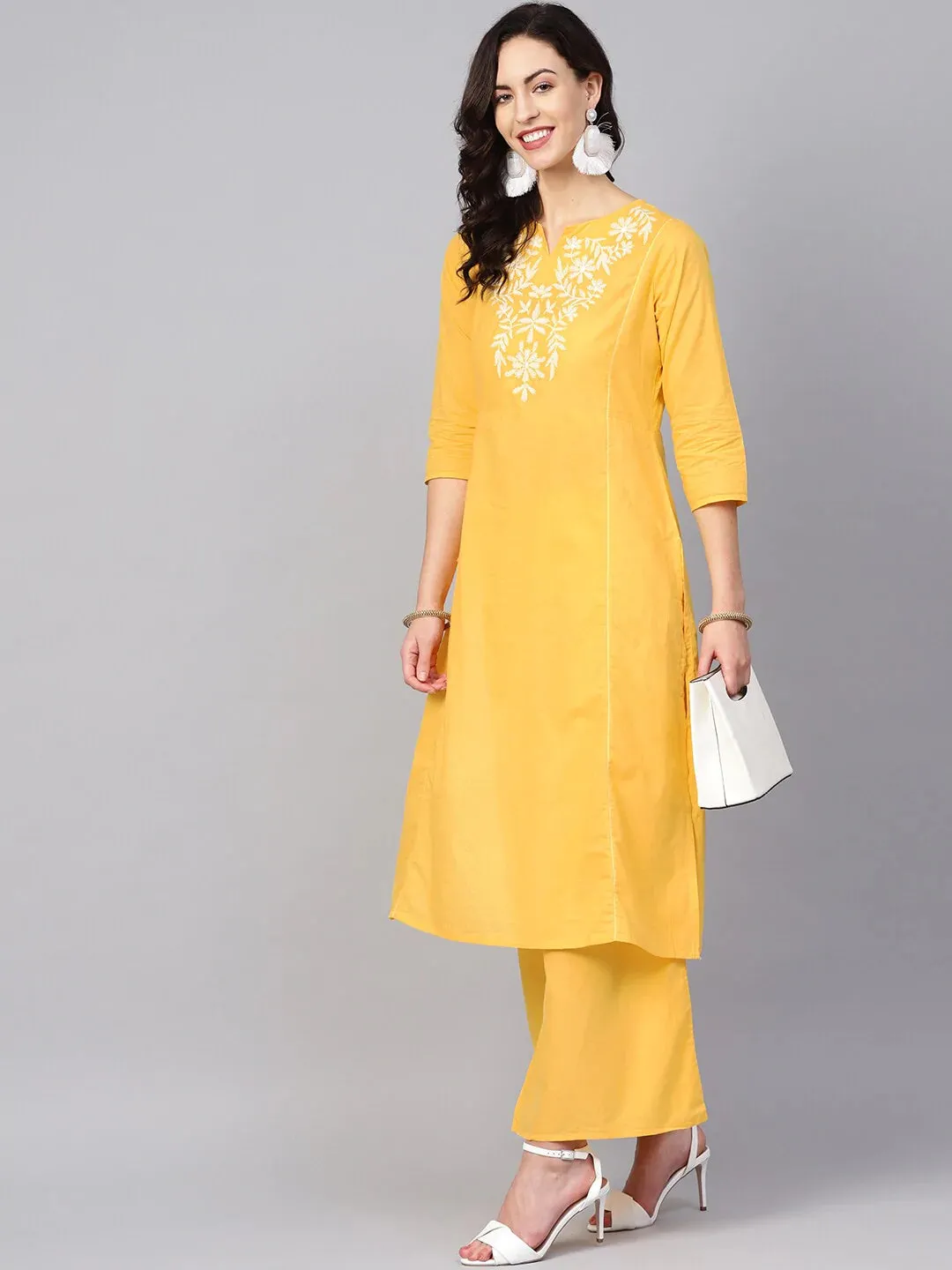 Women'S Yellow Yoke Design Kurta With Palazzos