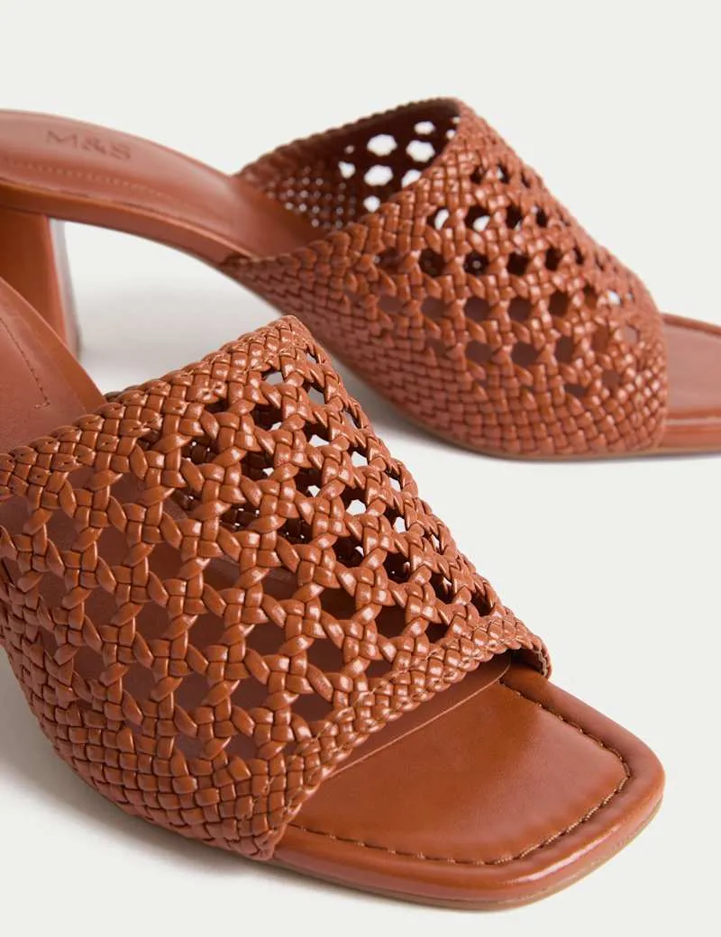 Woven Block Heel Open Toe Mules