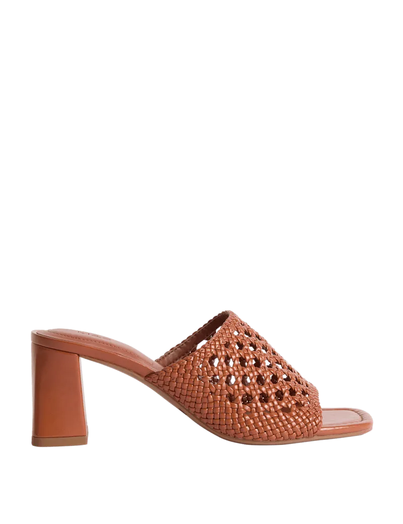 Woven Block Heel Open Toe Mules