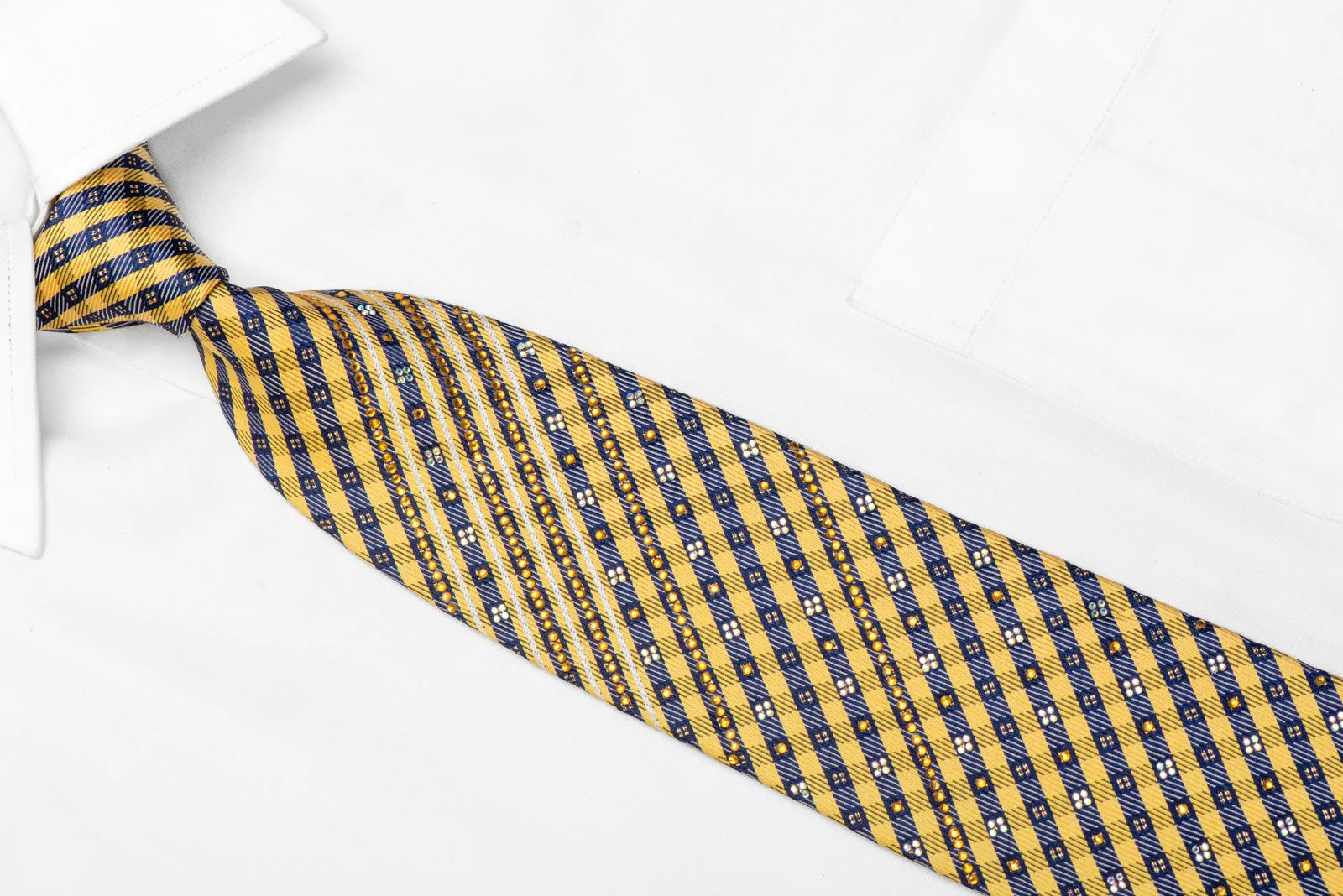 Yellow Blue Silver Plaid Rhinestone Necktie With Silver Sparkles