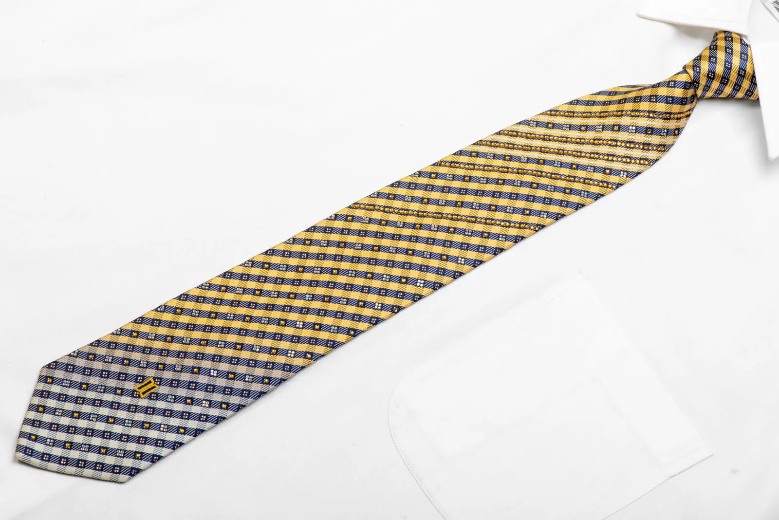 Yellow Blue Silver Plaid Rhinestone Necktie With Silver Sparkles