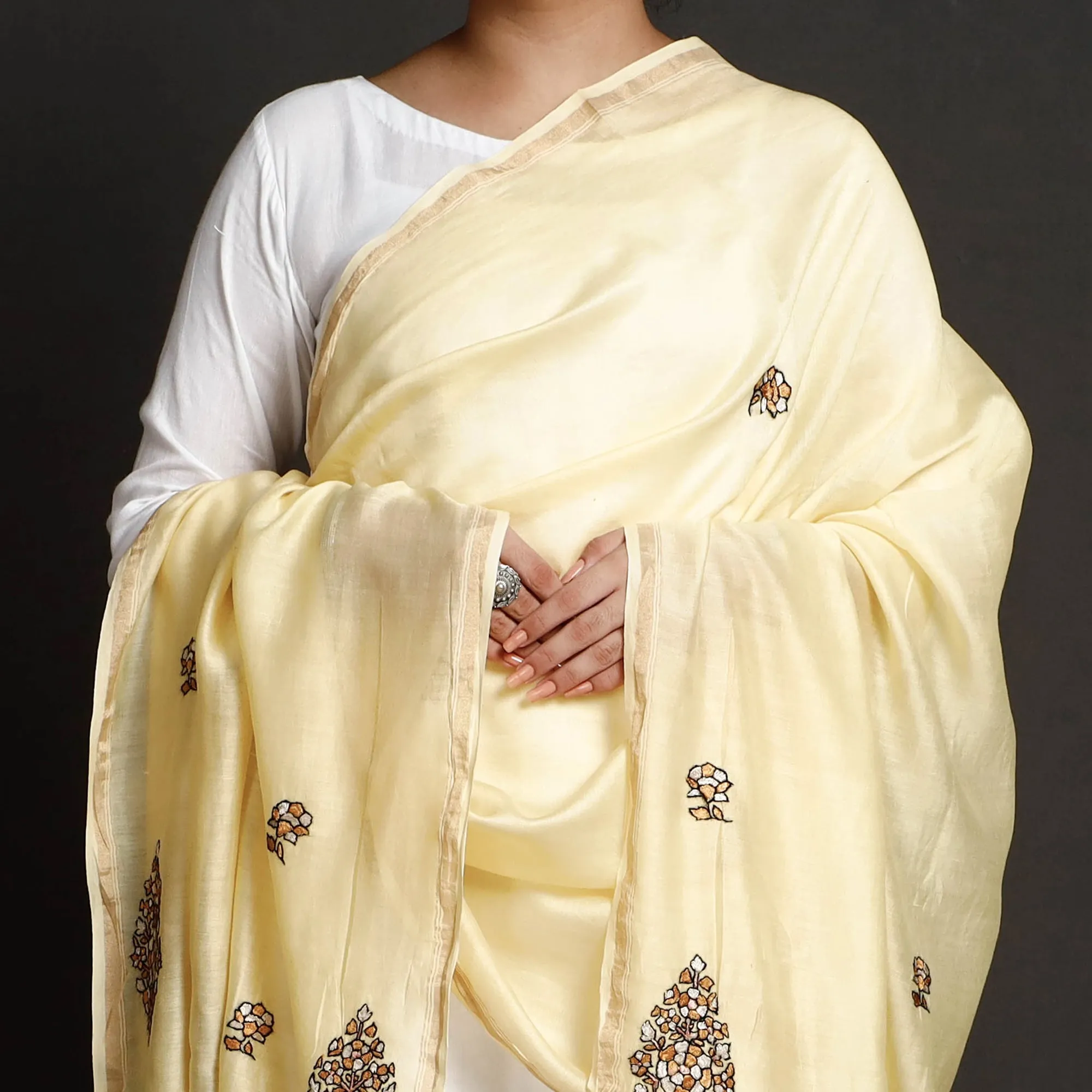 Yellow - Kashidakari Hand Embroidered Chanderi Silk Handloom Dupatta with Zari Border