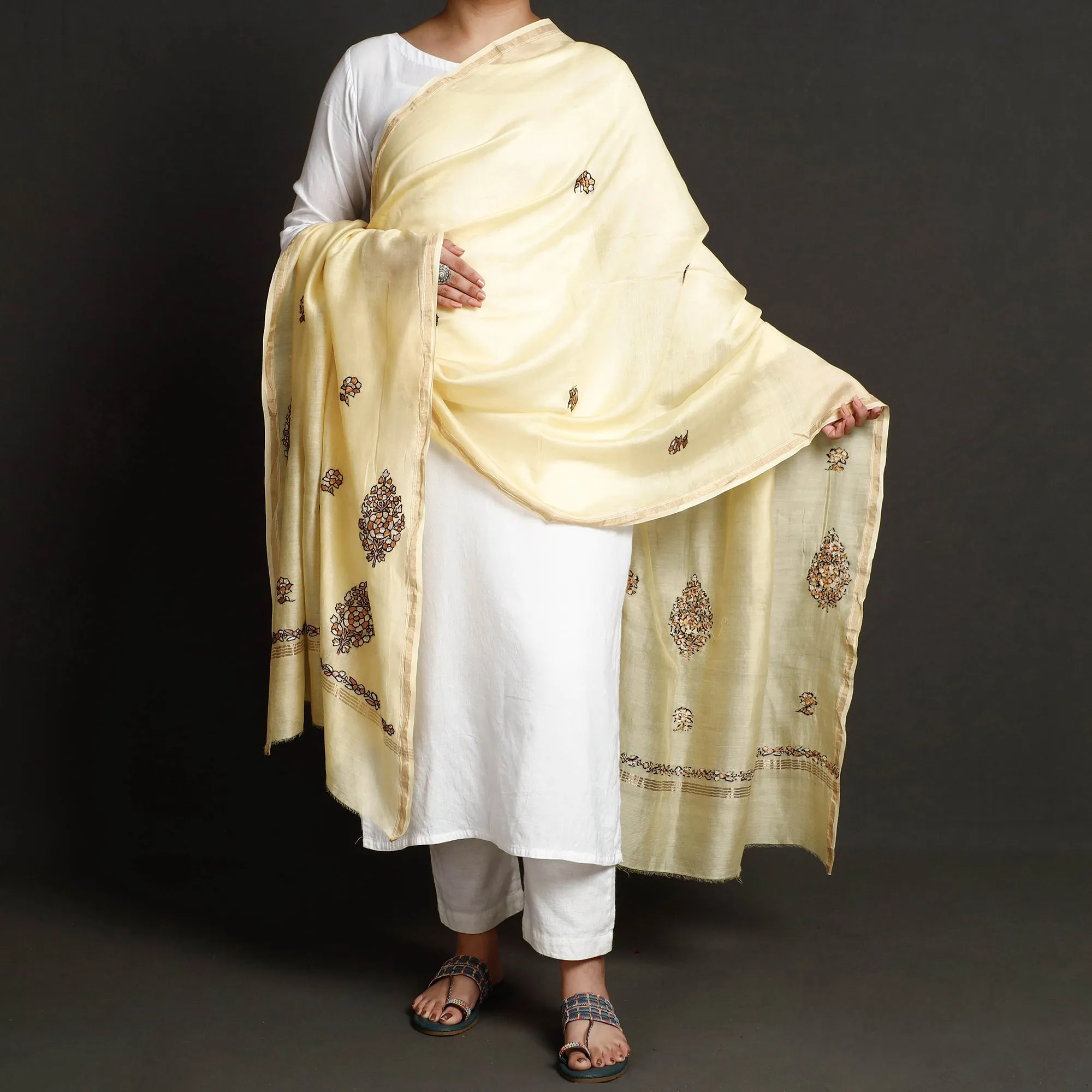 Yellow - Kashidakari Hand Embroidered Chanderi Silk Handloom Dupatta with Zari Border