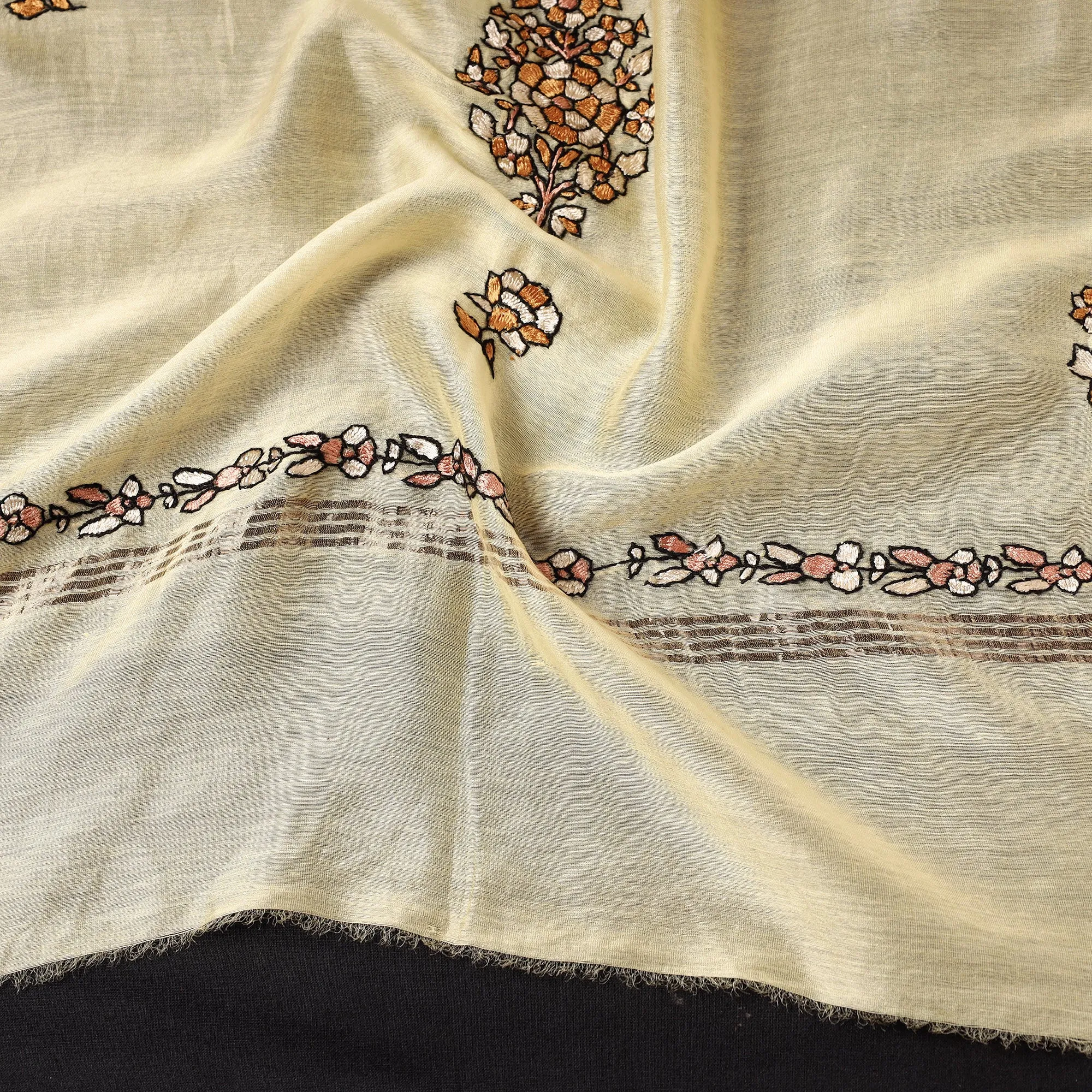 Yellow - Kashidakari Hand Embroidered Chanderi Silk Handloom Dupatta with Zari Border