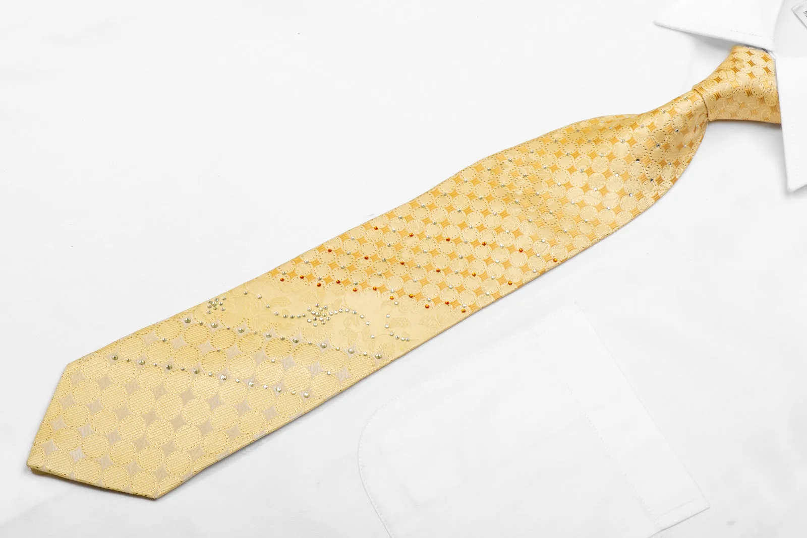 Yellow Rhinestone Silk Necktie Geometric Floral On Yellow With Gold Sparkles