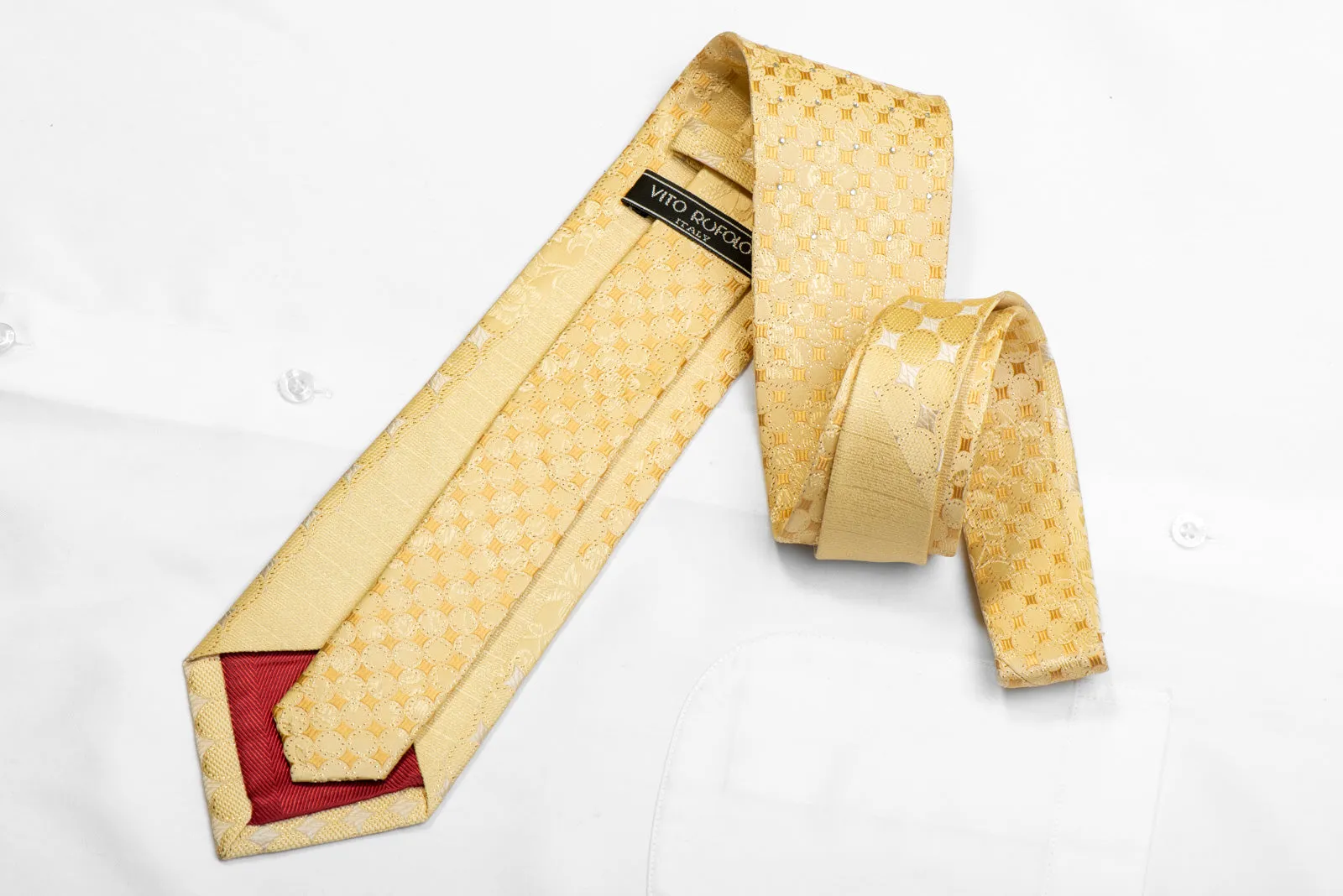 Yellow Rhinestone Silk Necktie Geometric Floral On Yellow With Gold Sparkles