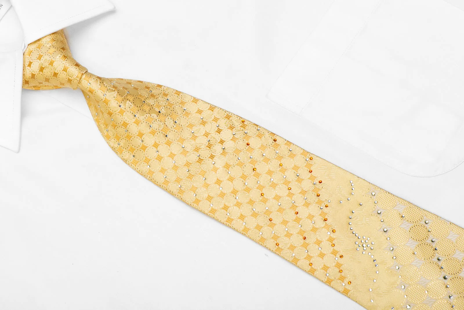 Yellow Rhinestone Silk Necktie Geometric Floral On Yellow With Gold Sparkles