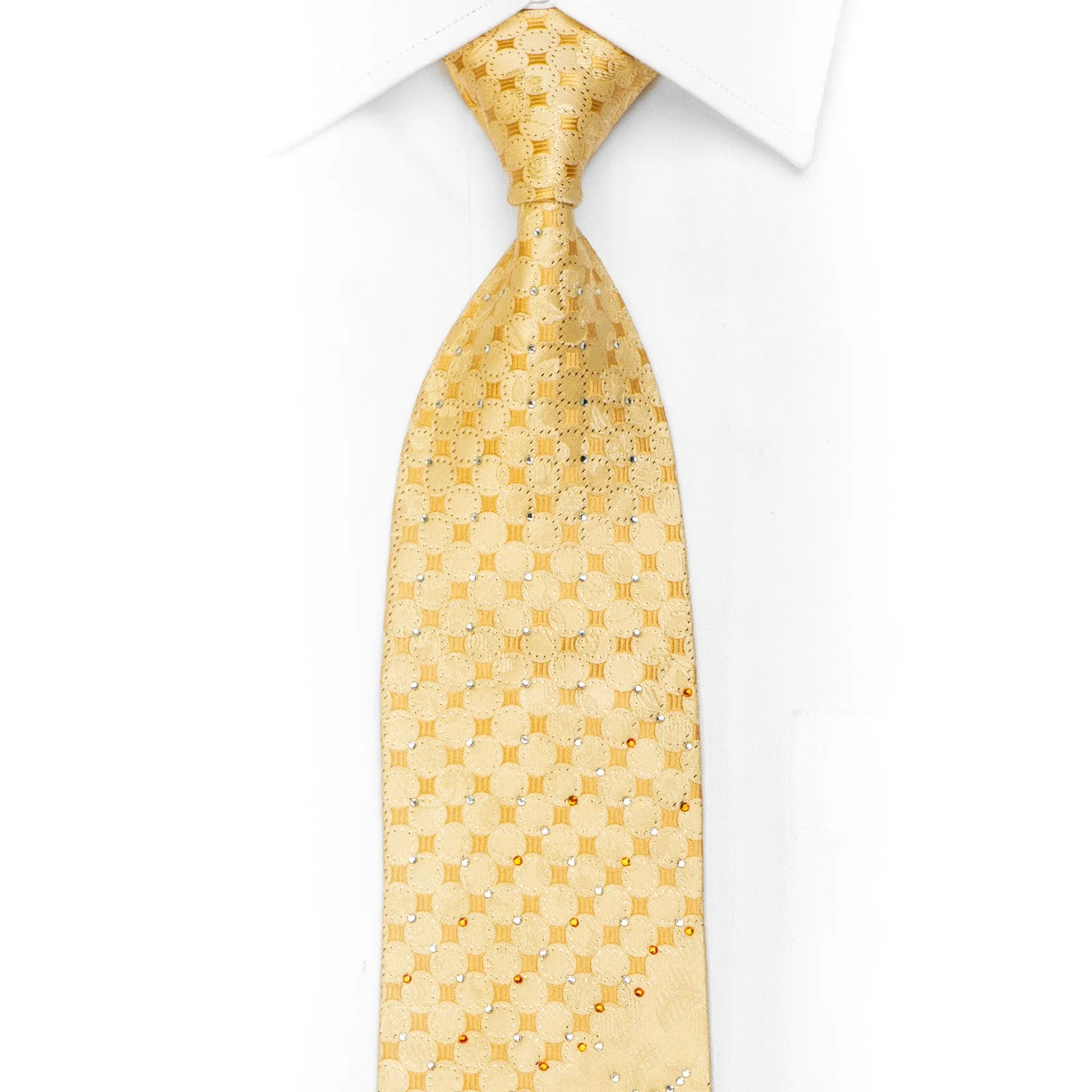 Yellow Rhinestone Silk Necktie Geometric Floral On Yellow With Gold Sparkles